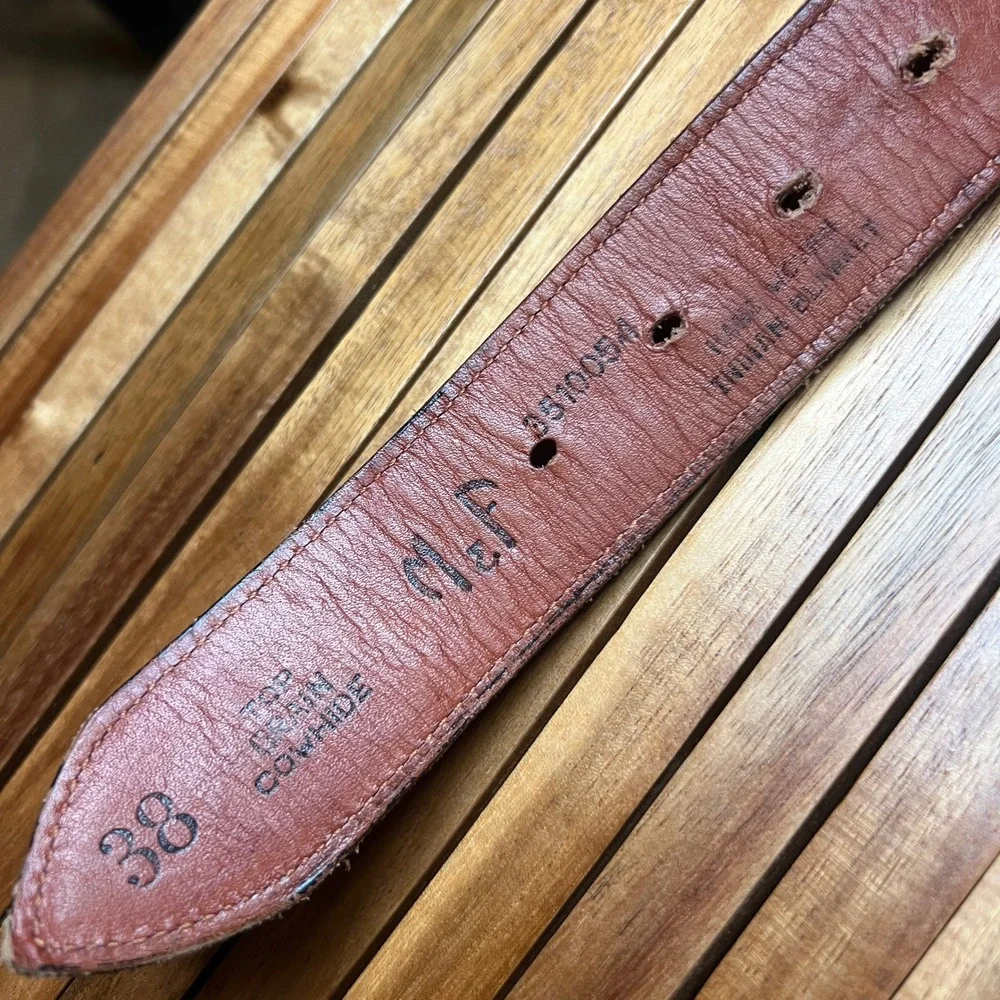 Vintage Brown Leather Southwestern Hand Woven Textile Inlay Belt 38 No Buckle